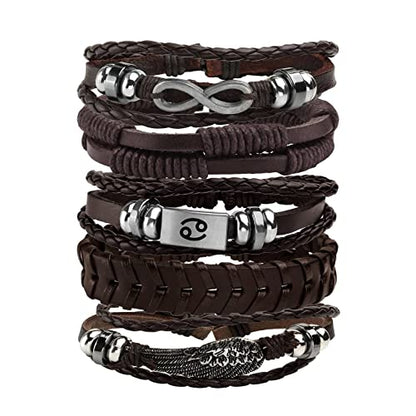 5 Pcs Braided Leather Bracelets for Men Women Woven Cuff Bracelet Adjustable - color: Brown(12-Constellation Engraved)