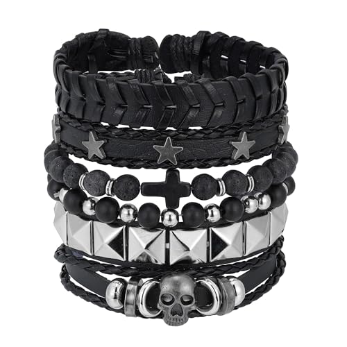 Braided Faux Leather Bracelet Punk Cuff Wrap Bracelets for Men Women Skull,Star,Bull bracelets - color: A4:6PCS