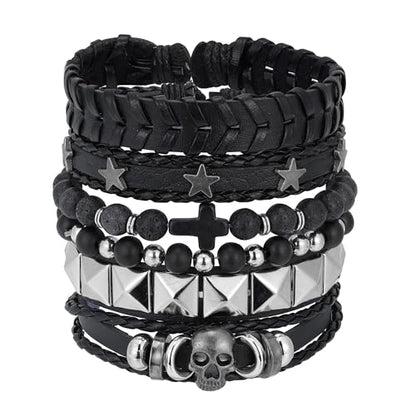 Braided Faux Leather Bracelet Punk Cuff Wrap Bracelets for Men Women Skull,Star,Bull bracelets - color: A4:6PCS