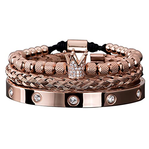 3pcs/set Classical Handmade Braiding Bracelet Hip Hop Men Pave CZ Leopard Head Roman Numeral Bracelet Stainless Steel Jewelry - color: 3pcs K Rose gold