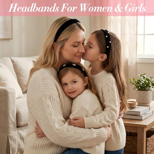 3pcs Non Slip Padded Black Headbands 3 Styles - Black Velvet Headbands For Women - Fashion Stylish Headband For Women With Pearl & Bee Design
