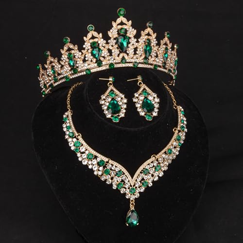 Crowns and Tiaras jewelry sets for Wedding princess birthday party Halloween Prom Pageant Jewelry for Women Crystal Bridal Jewelry Set for women - color: Gold Green