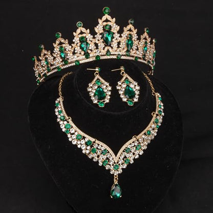 Crowns and Tiaras jewelry sets for Wedding princess birthday party Halloween Prom Pageant Jewelry for Women Crystal Bridal Jewelry Set for women - color: Gold Green