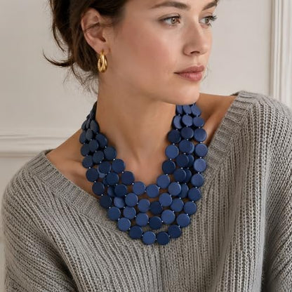 Colorful Beaded Necklace for Women,Chunky Wooden Bib Choker Necklace,Statement African Jewelry Multicolor Maroon Blue Fashion Collar Necklace - color: blue