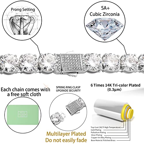 10MM Cubic Zirconia Tennis Bracelet 14K Gold Plated 5A+ Cubic Zirconia Iced Out Tennis Bracelet Spring buckle Bracelet For Men And Women - color: White Gold, size: 7