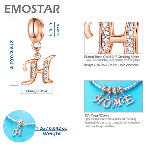 EMOSTAR Letter Charms Initial A-Z Alphabet Beads, Rose Gold 925 Sterling Silver Dangle CZ Birthstone Pendant, Gifts for European Charm Bracelet/Mothers Day/Birthday - color: Letter H