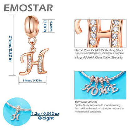 EMOSTAR Letter Charms Initial A-Z Alphabet Beads, Rose Gold 925 Sterling Silver Dangle CZ Birthstone Pendant, Gifts for European Charm Bracelet/Mothers Day/Birthday - color: Letter H