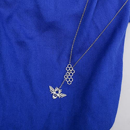 18K Gold Plated Stainless Steel Bee Honeycomb Pendant Necklace, Adjustable Y Lariat Conch/Guitar/Horseshoe Necklace for Women - color: Silver, style: Bee