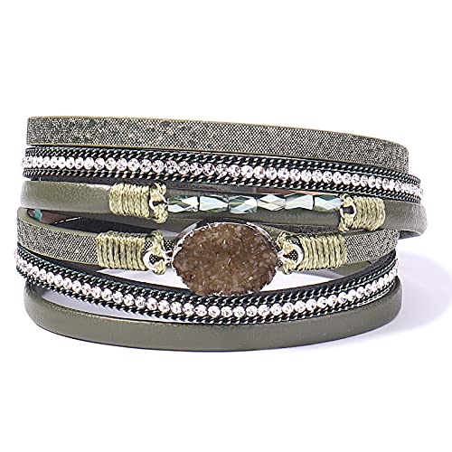 Boho Chunky Leather Wrap Bracelets Stackable Beaded Western Country Jewelry | Crystal Bead Trendy Layered Cuff Magnetic Clasp Stack Bohemian Statement Costume Outfits Cowgirl Fashion Hippie Accessories - color: Green, size: 14.7"