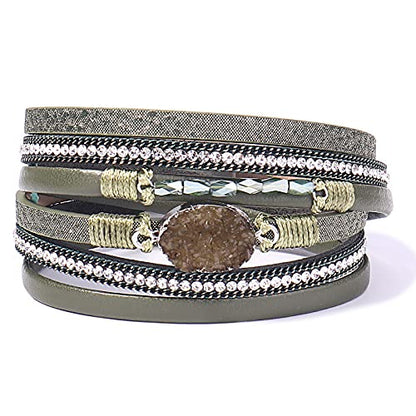 Boho Chunky Leather Wrap Bracelets Stackable Beaded Western Country Jewelry | Crystal Bead Trendy Layered Cuff Magnetic Clasp Stack Bohemian Statement Costume Outfits Cowgirl Fashion Hippie Accessories - color: Green, size: 14.7"