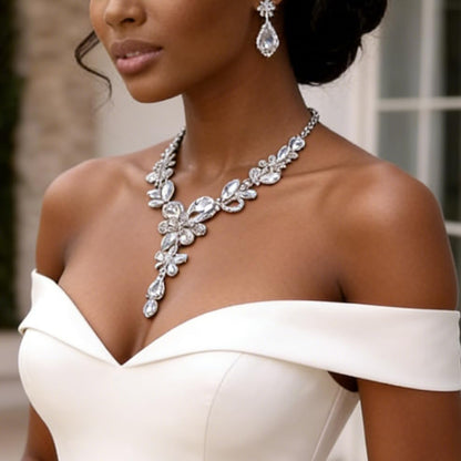 Rhinestone Crystal Bridal Necklace Floarl Art Deco Teardrop Collar Necklace Dangle Earrings Jewelry Set for Women - color: Silver