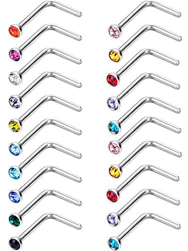 Mudder 20 Pieces Curved Nose Stud Stainless Steel Nose Ring Crystals L Bend Nose Screw Piercing, 20 Gauge - color: Classic Colors