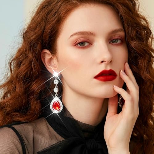 Catery Rhinestone Earrings Silver Crystal Teardrop Earrings Long Wedding Jewelry for Women - color: Red