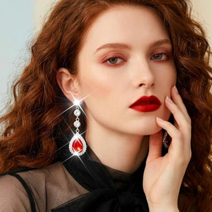 Catery Rhinestone Earrings Silver Crystal Teardrop Earrings Long Wedding Jewelry for Women - color: Red