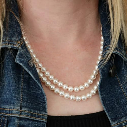 Rosemarie Collections Double-Strand Classic Simulated Pearl Necklace And Earring Set - Adjustable Faux Pearl Necklaces for Women - Elegant Jewelry for Special Occasions & Everyday Wear - color: 8mm, White Pearl Silver Tone