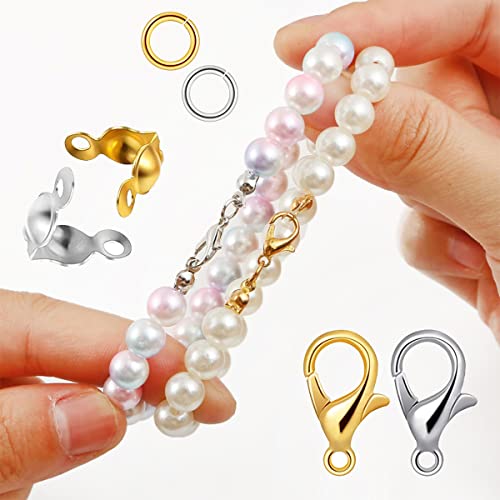 1000PCS Jewelry Making Accessories Set, 100 Lobster Claw Clasps 300 Crimp Beads Crimp Beads Clasps Caps 600 Open Jump Ring Connectors for DIY Bracelet Necklace Crafts Jewelry Making(Gold) - color: Gold