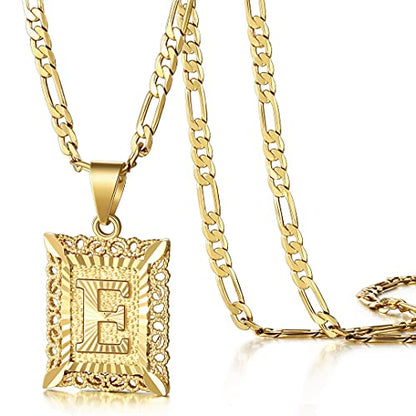 KissYan Initial Letter Pendant Necklace for Men Women, 14K Gold Plated Square Capital Monogram Necklace Alphabets from A-Z Figaro Chain Jewelry | 14K Gold Filled/White Gold Plated, Square Letter Capital Monogram Pendant with 20''+2'' Figaro Chain, Alphabe