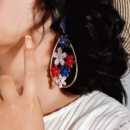 Boho Raffia Flower Teardrop Earrings Cute Colorful Dangle Trendy Jewelry | Floral Drop Statement Big Dangling Earring Hypoallergenic Gold Fun Unique Summer Spring Beach Vacation Outfits for Women - color: Flag