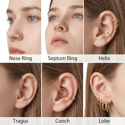 6Pairs Nose Rings Hoops - 316L Surgical Steel Hinged Nose Hoops 16G/18G/20G Clicker Septum Nose Ring Lip Helix Cartilage Hoop Earring Daith Rook Conch Body Piercing Jewelry for Women Men 6mm 7mm 8mm 9mm 10mm 12mm - color: Gold, size: 16 gauge(1.2mm)