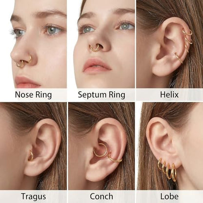 6Pairs Nose Rings Hoops - 316L Surgical Steel Hinged Nose Hoops 16G/18G/20G Clicker Septum Nose Ring Lip Helix Cartilage Hoop Earring Daith Rook Conch Body Piercing Jewelry for Women Men 6mm 7mm 8mm 9mm 10mm 12mm - color: Gold, size: 16 gauge(1.2mm)