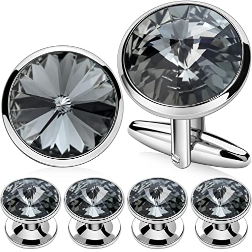 HAWSON Cufflinks for Men with 4/6 pcs Shirt Studs Set, Gift Box Packed, Mens Jewelry or Accessories for Wedding, Party, Anniversary, Birthday - color: Clear Gray(2 cufflinks & 4 studs)