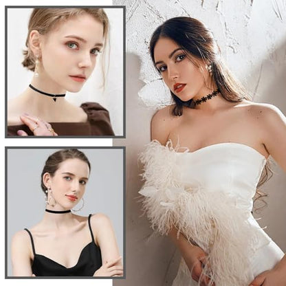 AUOCATTAIL 6 Pcs Gothic Necklaces Flower Lace Choker Classic Flower Collarbone Necklace Adjustable For Women Party Cosplay