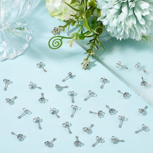 Beebeecraft 100pcs Ball Stud Earrings 304 Stainless Steel Tiny Ball Stud Earrings with Butterfly Ear Backs for Women Men - size: 2mm