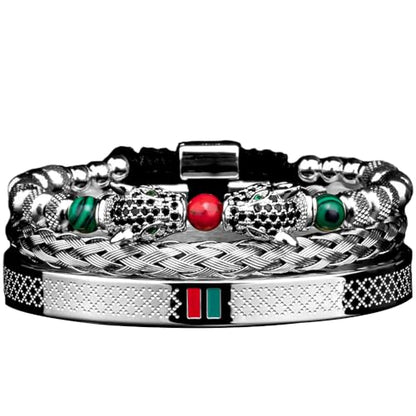 3pcs/set Classical Handmade Braiding Bracelet Hip Hop Men Pave CZ Leopard Head Roman Numeral Bracelet Stainless Steel Jewelry - color: 3pcs S Double Leopard Head Silvery