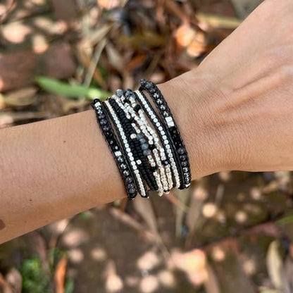 Bracelet for Women – Handmade Vegan Boho Natural Stone Layered Bracelet, Thailand Bohemian Stackable Beaded Wrap Bracelets, Summer Hippie Bracelet Stack, Fashion Jewelry Gifts - color: A33-Black Silver