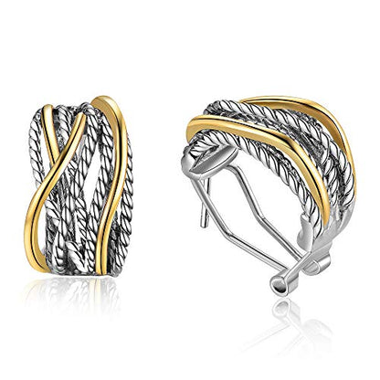 Mytys Two Tone Huggie Hoop Earrings Cross Over Design Twisted Rope Silver Gold Statement Wide Band Clip On Hoops for Women Fashion Jewelry Gift - color: Gold & Silver