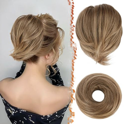 BARSDAR Brown Hair Bun Extensions - Synthetic Short Straight Ponytail Hair Bun Scrunchies - Elastic Messy Hairpieces Daily - Ash Brown Mixed - color: Ash Brown Mixed, size: 1 Count - Elastic