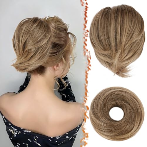 BARSDAR Brown Hair Bun Extensions - Synthetic Short Straight Ponytail Hair Bun Scrunchies - Elastic Messy Hairpieces Daily - Ash Brown Mixed - color: Ash Brown Mixed, size: 1 Count - Elastic