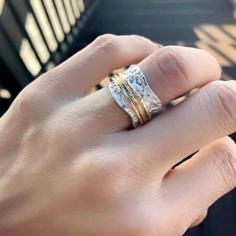 Creative Irregular Lines Two-Tone Wide Rings for Women Daily Casual Party Vacation Personality Jewelry - color: gold & silver