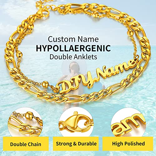 ChainsHouse Double Layer Anklet Bracelet for Women,Adjustable Chain Anklets Stackable Dainty Anklets,Stainless Steel/Gold Plated/Black Ankle Jewelry Gifts - color: B-Gold Plated-Figaro Chain
