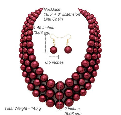 Fashion 21 Women's Faux Pearl Three Multi-Strand Statement Necklace and Earrings Set - color: Burgundy Wine