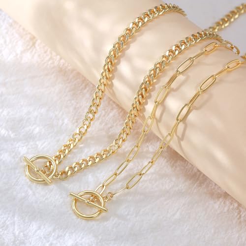 CHESKY 14K Gold Plated Layered Chain Necklace for Women | Trendy Cuban Link Chain, Chunky Paperclip Chain, Toggle Clasp Necklace, Fashion Gold Jewelry, Daily Gift for Women - style: Paperclip Cubr Toggle-GD