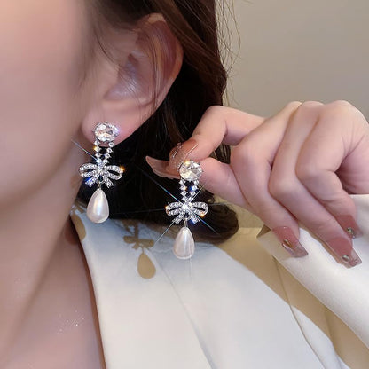 Pearl Bow Earrings for Women Coquette Aesthetic Jewelry Rhinestone Bow Earrings for Bridesmaids Wedding Party Accessories Bridal Costume Accents Bowknot Themed Gifts - color: T: Rhinestone Bow Pearl Earrings