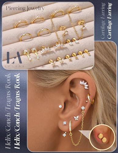 LOLIAS Hypoallergenic Gold Threadless Flat Back Stud Earrings for Women | 20G 18G 16G Surgical Steel Earrings Push in Nose Studs CZ Cartilage Earring Set Labret Helix Tragus Conch Piercing Jewelry - color: 14K Gold, size: 20G(0.8MM)-Heart&Flower