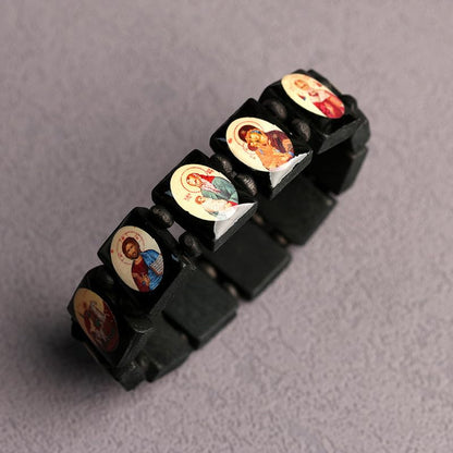 1PC Stretch Bracelet, With Black Wooden Beads & Religious Icon Charms, Orthodox Style, Wrist Accessory (Black)