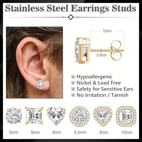 ONESING 6 Pairs Stud Earrings for Women 14K Gold/Silver Plated Hypoallergenic Cubic Zirconia Earrings Studs Stianless Round Square Heart CZ Stud Earrings Set for Women Men - color: Gold