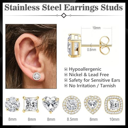 ONESING 6 Pairs Stud Earrings for Women 14K Gold/Silver Plated Hypoallergenic Cubic Zirconia Earrings Studs Stianless Round Square Heart CZ Stud Earrings Set for Women Men - color: Gold