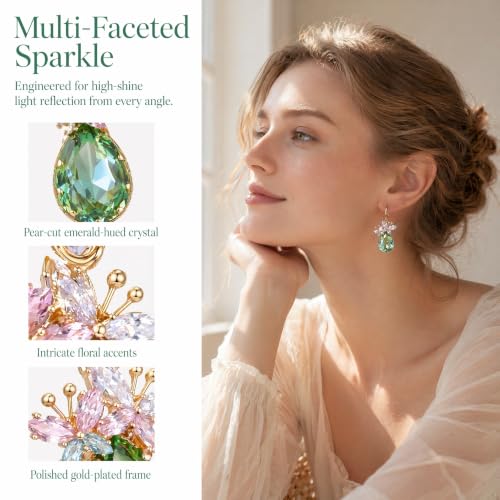 Green Butterfly Crystal Teardrop Dangle Earrings For Women | Gold Plated Brass Statement Accessories For Prom And Party Wear. Secure Hooks And Durable Crystals For Long Lasting Sparkle.