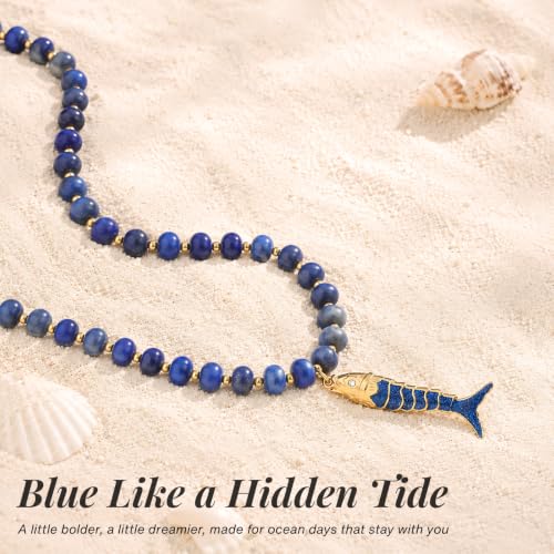 SAMYA Gemstone Beaded Necklace for Women, Natural Stone Ocean Jewelry | Fish or Seashell Pendant Beach Necklace, Gold Spacer Accents, Reinforced Stainless Steel Clasp, Adjustable 16"+2" - color: Lapis Lazuli