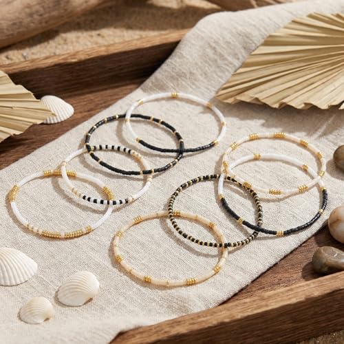 Colorful Stackable Rice Small Mini Seed Beaded Bracelets Set For Women, Handmade Dainty Boho Gold Glass Stretch Accessories Jewelry,Summer Beach Party Daily Friendship Gift - color: Black White