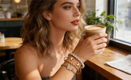 Alegend 14K Gold Plated Stackable Multilayer Bracelets + Titanium Steel(Not Rust, Resist Corruption, Easily Clean) 18K Gold Plated Single Bracelets - color: 14K Gold + 4PCS A