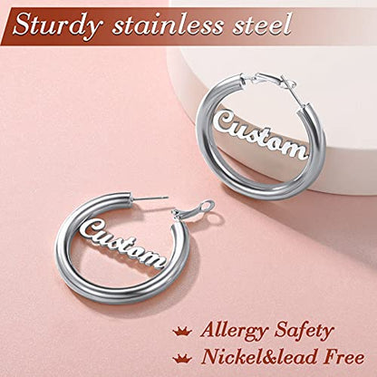 FindChic Hoop Earrings for Women, Silver/Black/14K Gold Plated Hypoallergenic Hollow Round Tube Loop Earrings, 20mm/30mm/40mm/60mm/80mm Chunky Hoops with Custom Name Options & Gift Box - color: e.Silver (Custom Name), size: 40MM