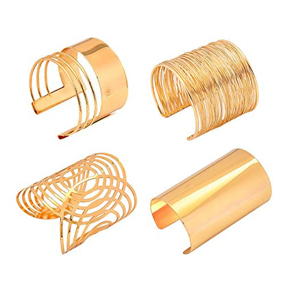 COLORFUL BLING Punk Alloy Hollow Geometric Smooth Polished Gold Hoop Open Cuff Wide Bracelet Bangle Wrist Jewelry for Women Lady - color: 4pcs gold