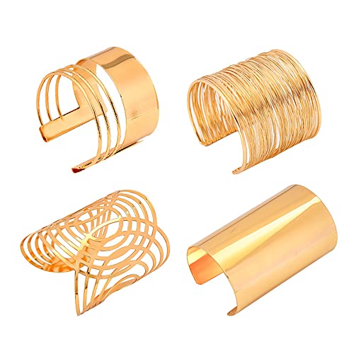 COLORFUL BLING Punk Alloy Hollow Geometric Smooth Polished Gold Hoop Open Cuff Wide Bracelet Bangle Wrist Jewelry for Women Lady - color: 4pcs gold