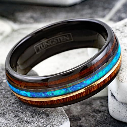 Cool Modern Classic 8mm Polished Black Tungsten Carbide Low Dome Band Ring with Dazzling Man-Made Hawaii Blue Opal Between Koa Wood Inlays.