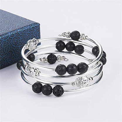PEARL&CLUB Beaded Chakra Bangle Turquoise Bracelet - Fashion Jewelry Wrap Bracelet with Thick Silver Metal and Mala Beads, Birthday Gifts For Women - color: 58-lava bead